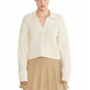 SUNDAY BEST Aritzia Lottie Cable Knit Crop Sweater Shawl V-Neck Ivory Women's XS